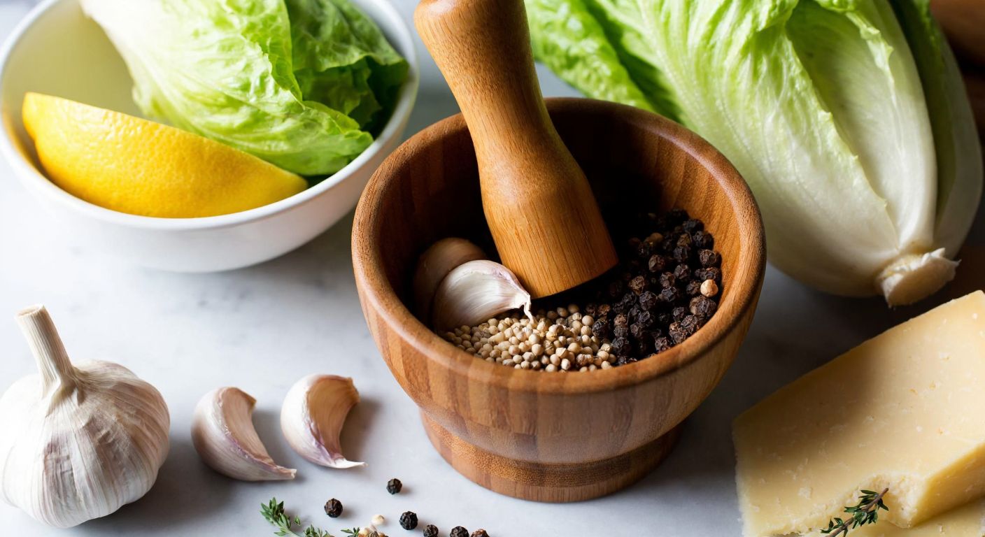 A wooden mortar filled with fresh garlic cloves, mustard seeds, black peppercorns, and dried thyme, surrounded by a rustic kitchen counter with a bowl of crisp romaine lettuce, a wedge of lemon, and a block of parmesan cheese.