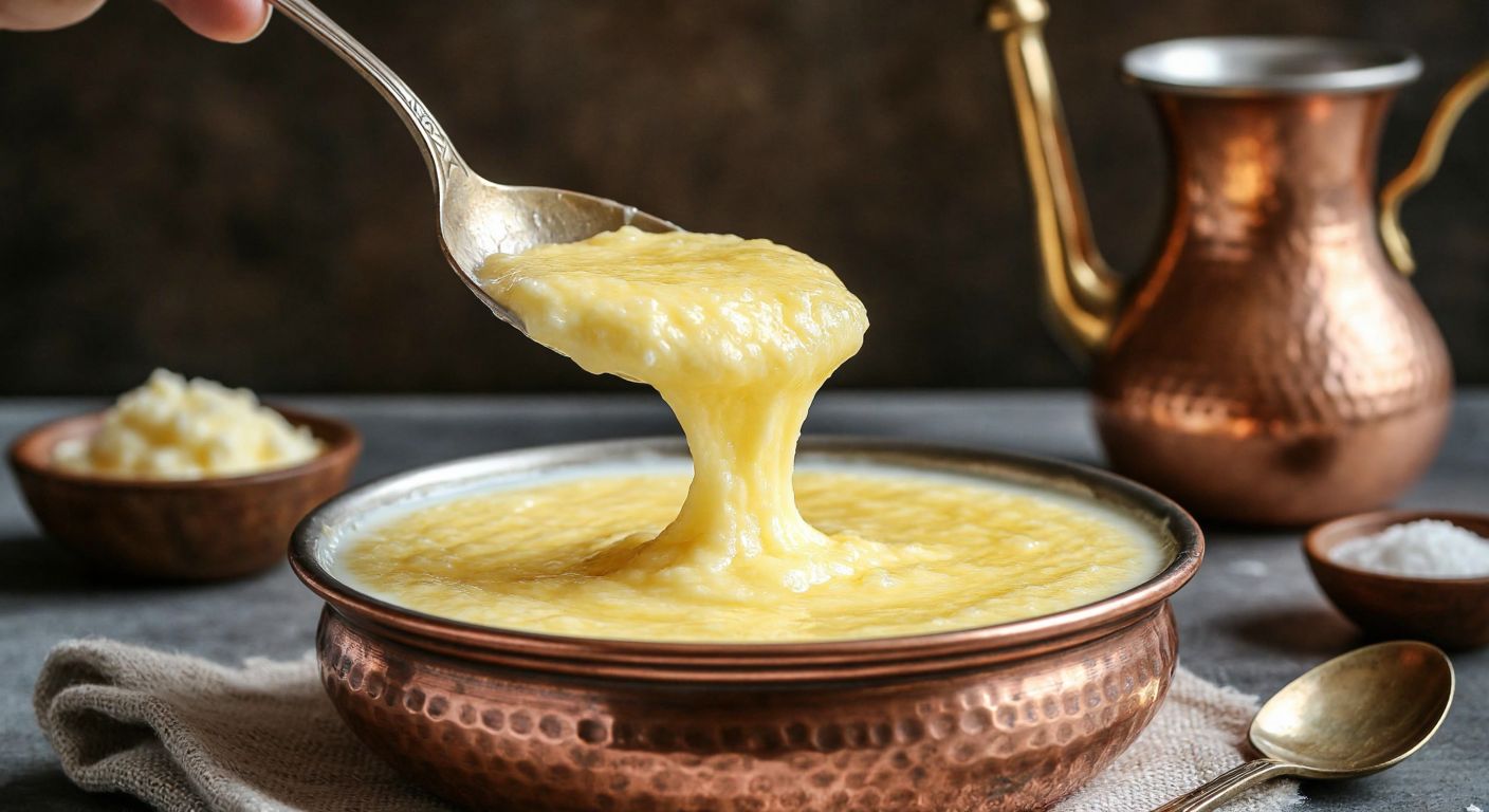A golden-yellow layer of creamy kaymak slowly dripping from a spoon over a bowl of fresh milk, with a traditional Turkish copper pot and wooden spoon in the background.