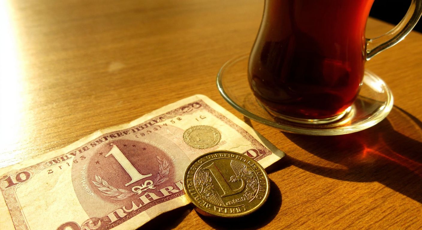 A worn, faded one-lira paper note from 2009 rests on a wooden table next to a shiny new one-lira coin, with warm sunlight filtering through a Turkish tea glass in the background.