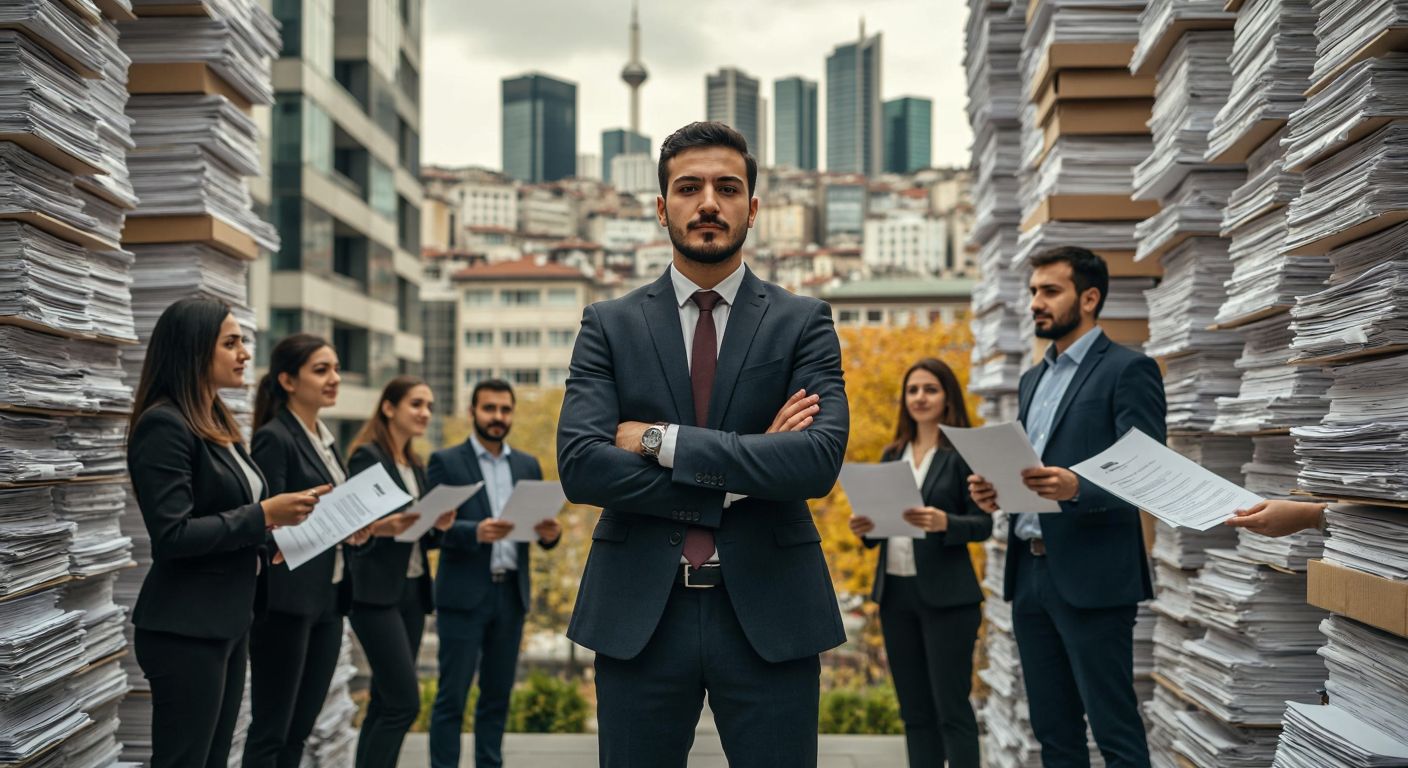A confident Turkish businessman in a sharp suit stands between a towering stack of insurance documents (representing the reasürör) and a diverse group of clients holding policy papers (representing the broker), with Istanbul's financial district gleaming in the background.