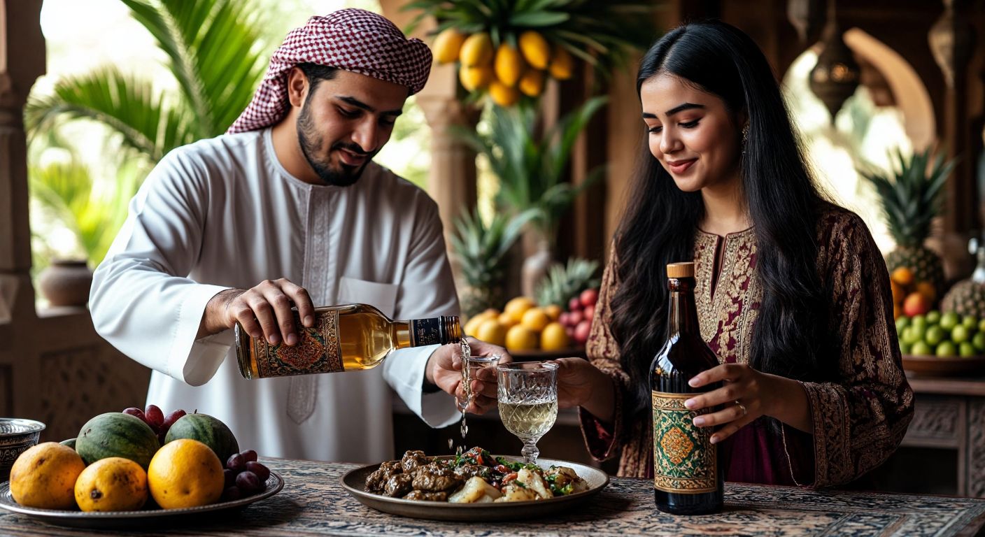 A Middle Eastern man in a traditional setting pours clear anise-flavored arak into a small glass beside a plate of mezze, while across from him, a Southeast Asian woman holds a dark amber arrack bottle with tropical fruits in the background.