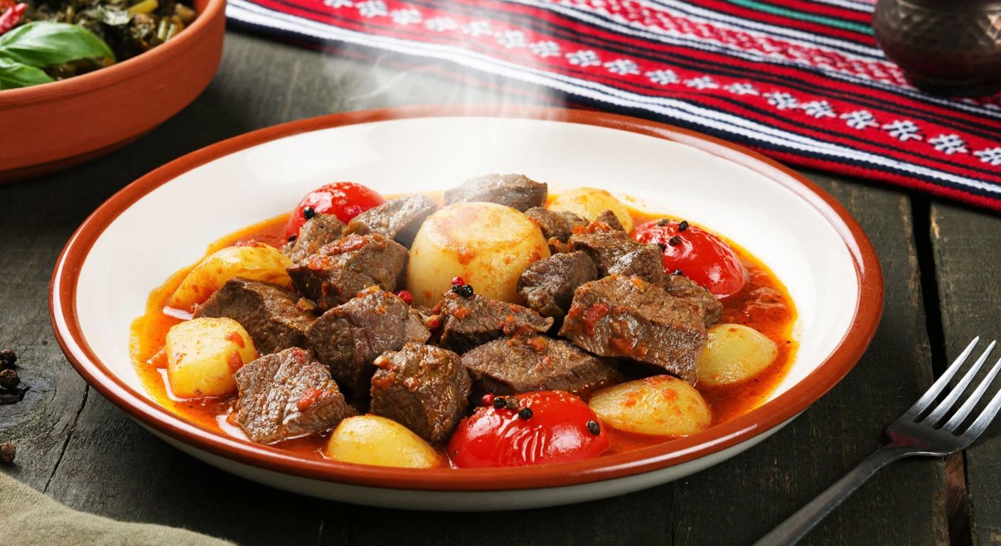 A steaming ceramic plate filled with Afyonkarahisar's signature *aşçı tabağı*—tender meat, vegetables, and spices—rests on a rustic wooden table with a traditional Turkish woven tablecloth in the background.