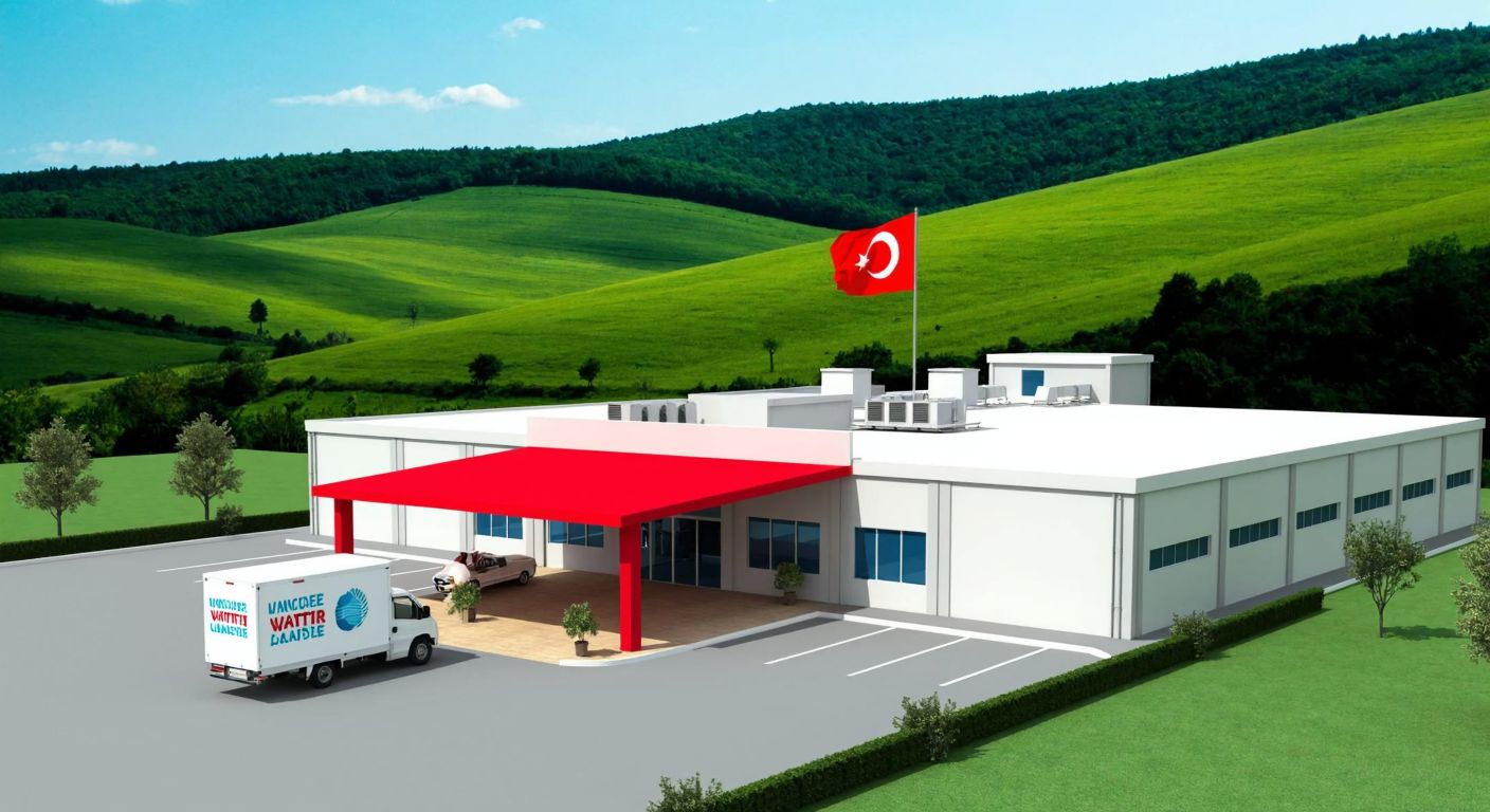 A modern water bottling factory with a red-roofed entrance, nestled among rolling green hills in Çatalca, Istanbul, with a small Turkish flag fluttering atop the building and a delivery truck parked outside.