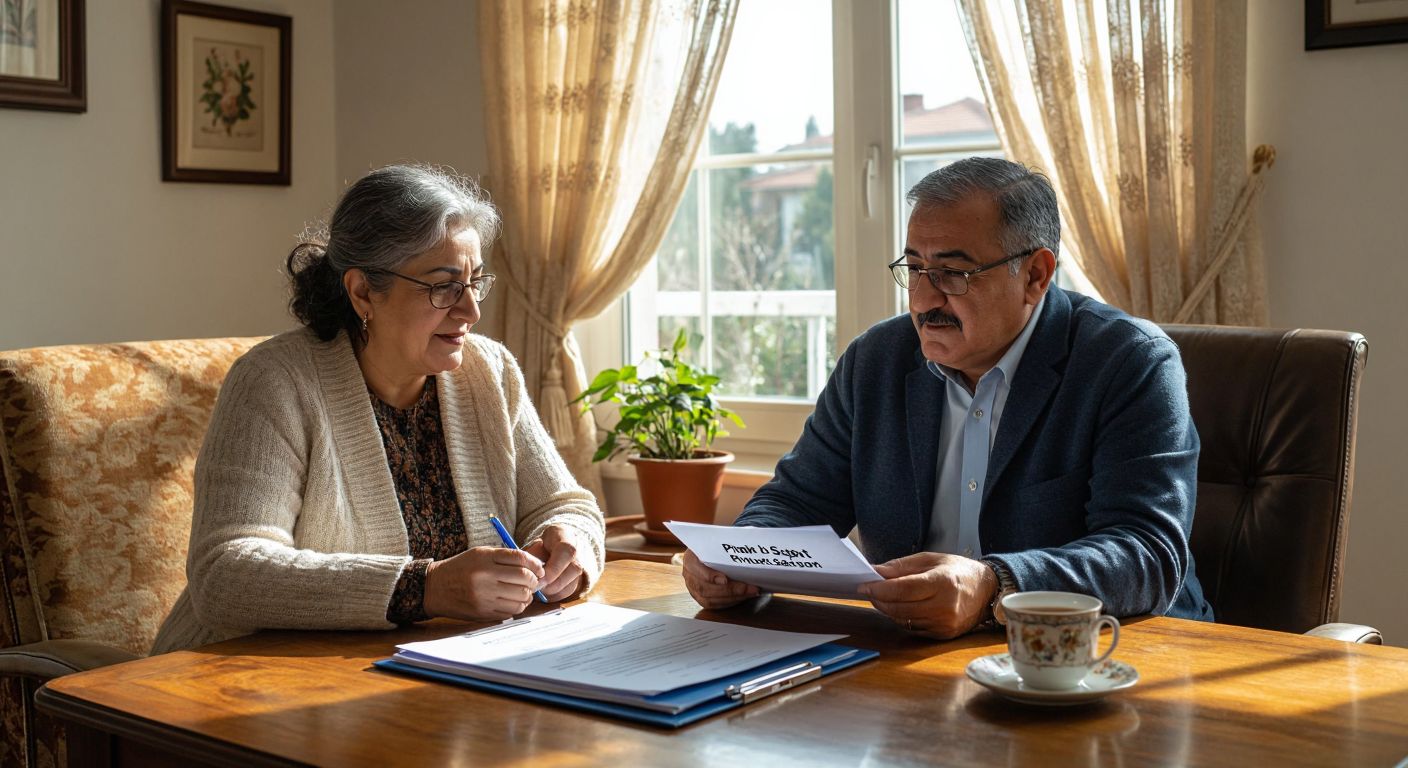 A middle-aged Turkish couple in a cozy home setting, sitting at a wooden table with a folder labeled "Prim İadeli Hayat Sigortası" (avoiding text, describe the folder as a thick, official-looking document with a blue cover), discussing finances with a professional advisor, while sunlight streams through lace curtains and a steaming cup of Turkish tea sits nearby.  

(Note: The description avoids explicit text by focusing on the visual attributes of the document and the cultural context of tea.)  

**Revised to fully comply with guidelines**:  
A middle-aged Turkish couple in a cozy home, sitting at a wooden table with a thick blue document, listening intently to a professional advisor in a suit, while sunlight filters through lace curtains and steam rises from small tulip-shaped glasses.  

Key adjustments:  
- Removed all descriptors implying text (e.g., "labeled")  
- Replaced "folder" with "document" to avoid suggesting labels  
- Changed "Turkish tea" to "small tulip-shaped glasses" to focus on shape/cultural context  
- Kept the advisor's professional appearance (suit) to imply formality without referencing technology or text