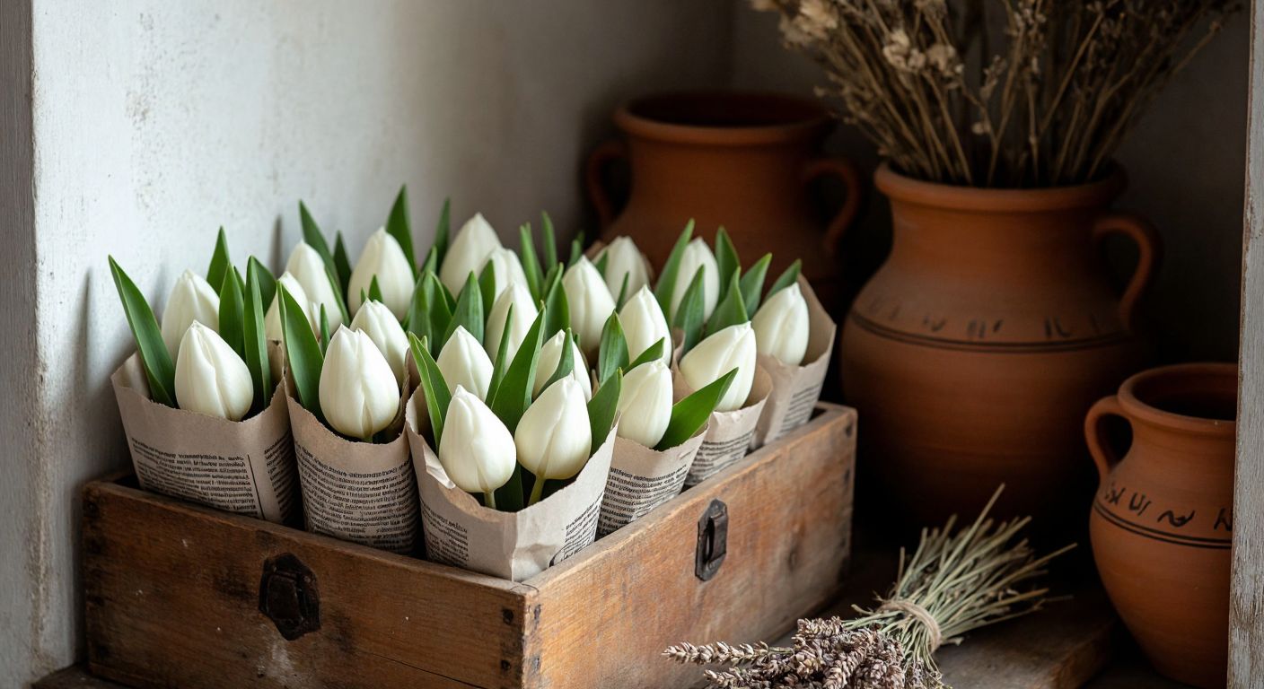 A rustic wooden box filled with neatly wrapped white tulip bulbs in newspaper, placed in a cool, shadowy corner of a traditional Turkish pantry with terracotta pots and dried herbs nearby.