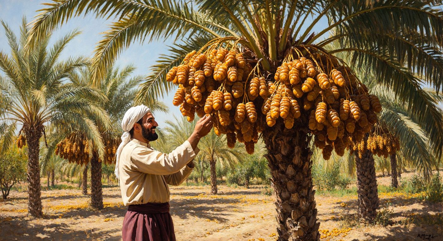 A lush date palm tree in a sunlit Turkish orchard, its branches heavy with clusters of golden Mebrum and Medine dates, while a farmer in traditional attire smiles while inspecting the ripe fruit.