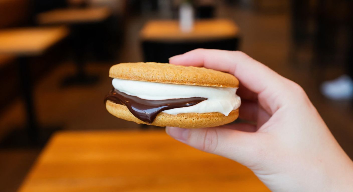 A close-up of a hand holding a round, golden-brown biscuit sandwich filled with layers of creamy white milk cream and rich chocolate, set against a warm, rustic wooden table in a cozy Turkish café.