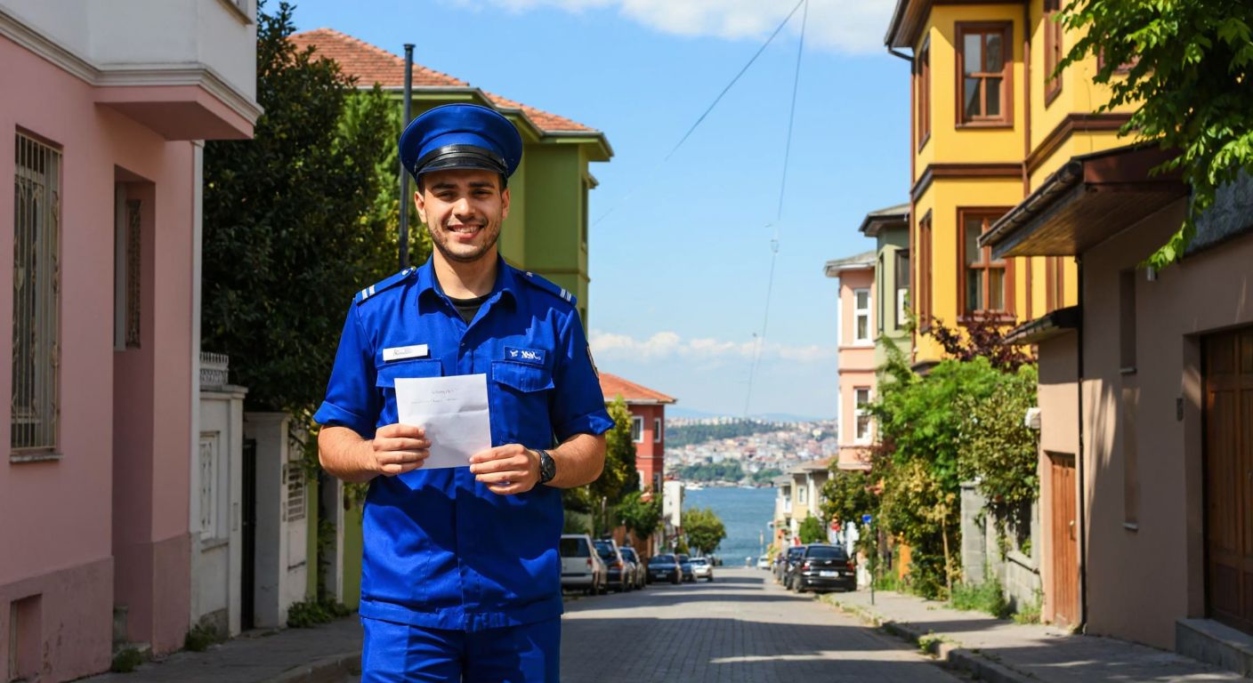 A sunny street in Reşitpaşa, Istanbul, with a smiling postal worker in a blue uniform holding a letter, surrounded by colorful houses and a distant view of the Bosphorus.