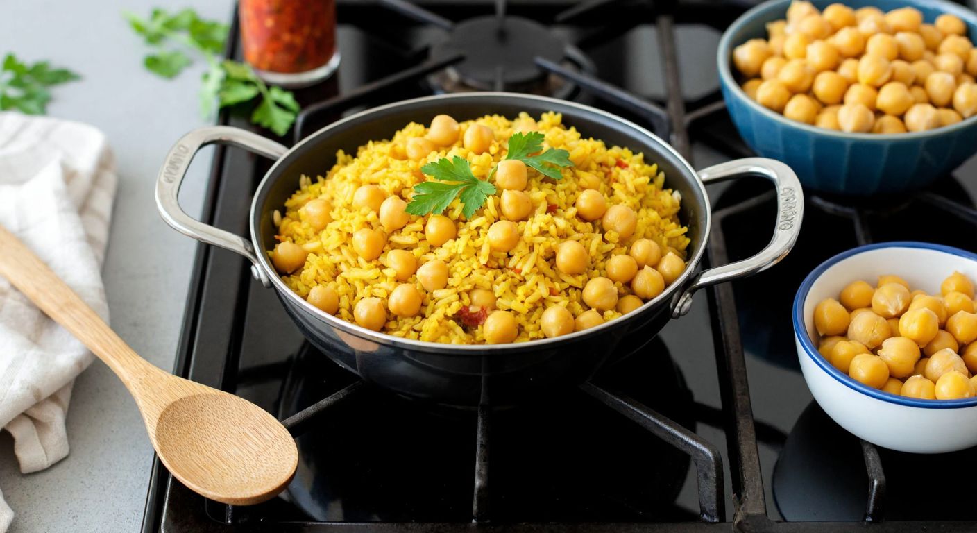 A steaming pot of golden chickpea rice on a stovetop, with a wooden spoon resting beside it, surrounded by bowls of soaked chickpeas and fresh herbs, evoking warmth and traditional Turkish home cooking.