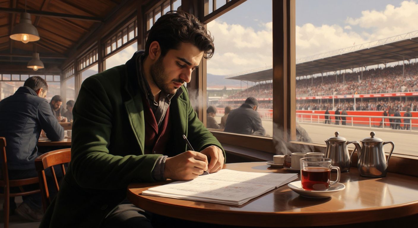 A focused Turkish man in a bustling café writes numbers on a napkin while studying a racing program, surrounded by steaming cups of çay and the distant blur of a racetrack.