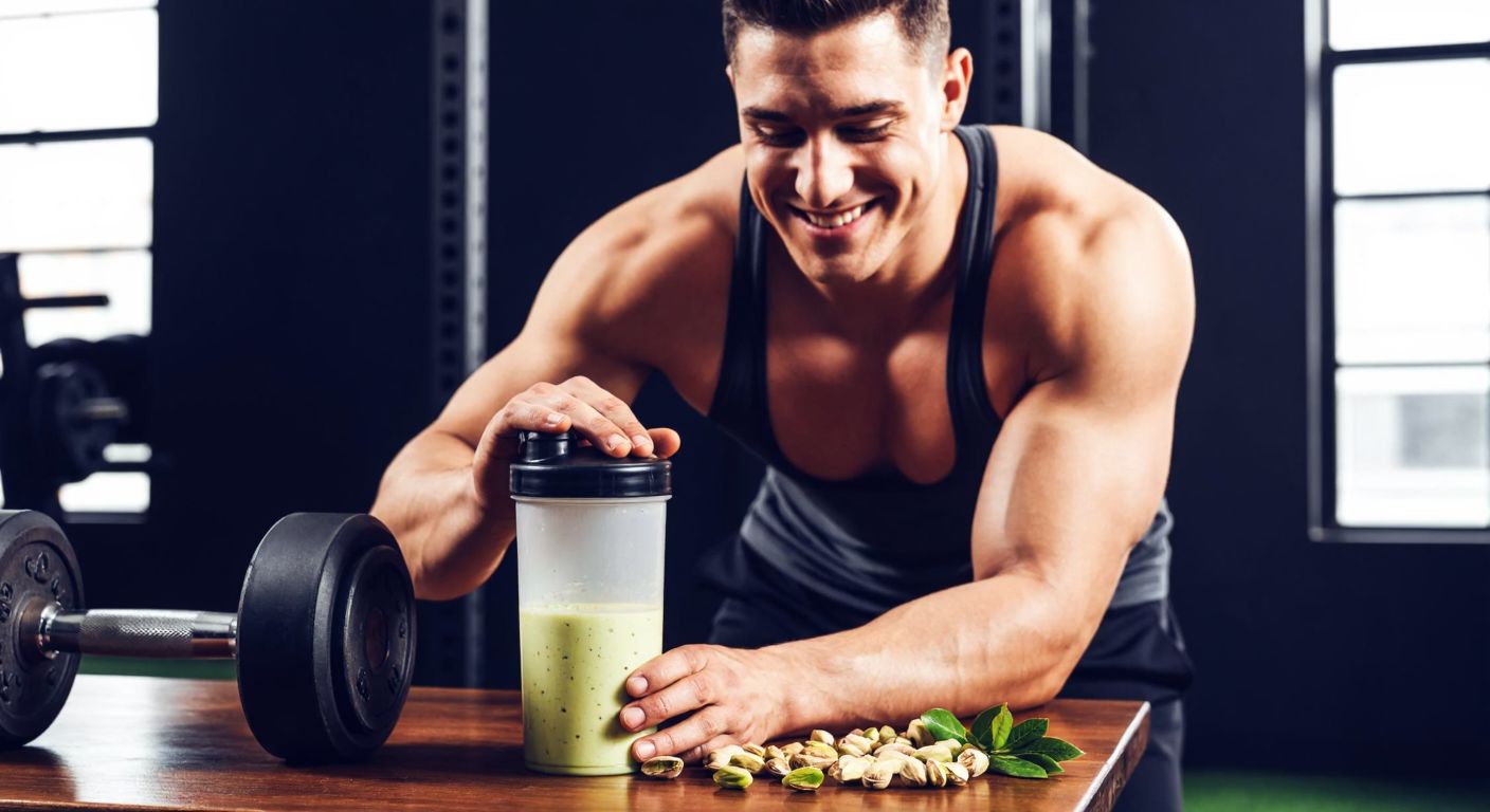 A muscular athlete in a gym, smiling while holding a shaker bottle filled with creamy pistachio-green whey protein, surrounded by fresh Antep pistachios and a dumbbell on a wooden bench.