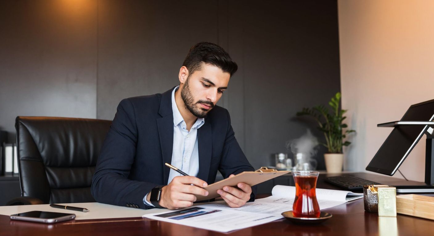 A focused Turkish journalist in a modern office, holding a notepad and pen while thoughtfully reviewing a structured press release outline, with a steaming cup of Turkish tea on the desk beside them.
