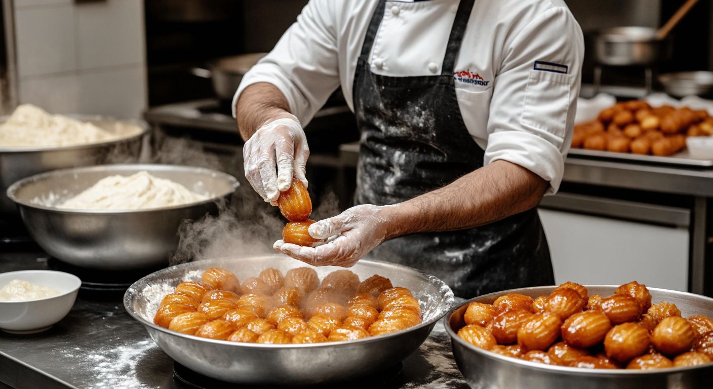 A Turkish pastry chef in a flour-dusted apron carefully squeezing golden-brown tulumba pastries from a piping bag into sizzling oil, with a large bowl of dough and a tray of syrup-glazed treats nearby.