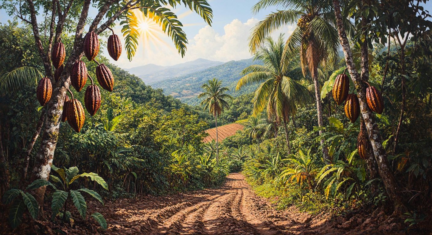 A lush tropical forest with cocoa trees bearing ripe pods, contrasted by a barren Turkish field under a bright sun, symbolizing the absence of cocoa cultivation in Turkey.