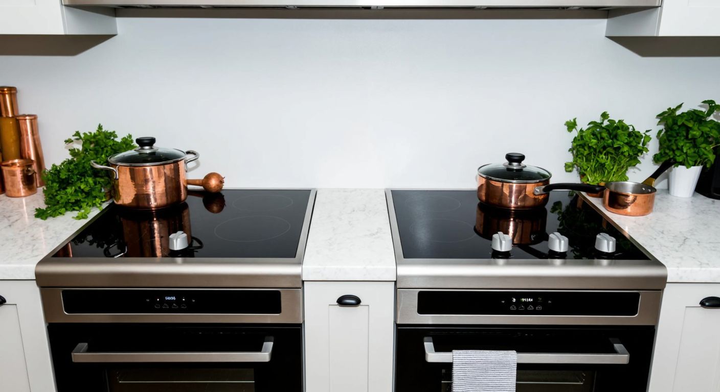 A modern Turkish kitchen with two stoves side by side—one sleek stainless steel (inox) and the other glossy black—placed on a marble countertop, surrounded by copper pots and fresh herbs.