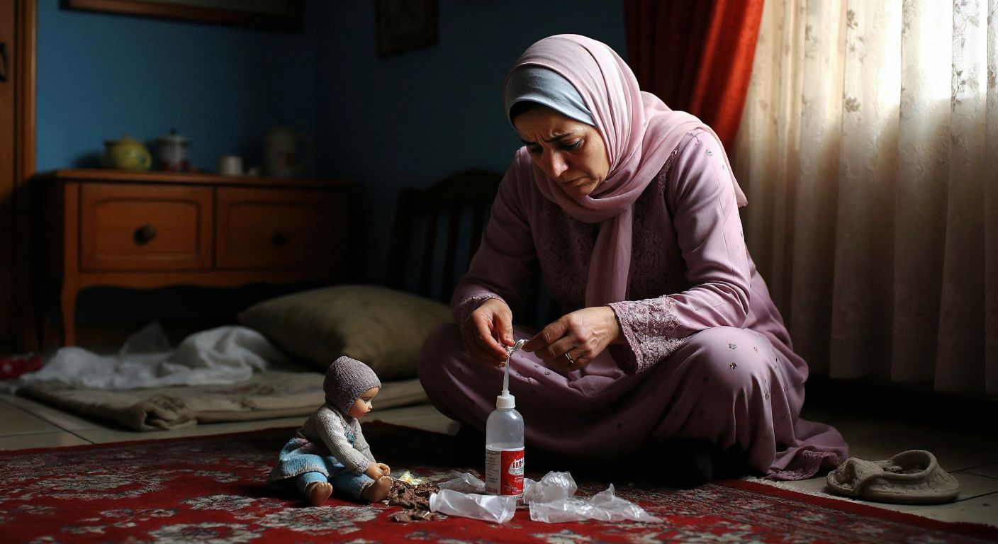 A solemn scene in a Turkish home, where a grieving mother holds a small, discarded syringe-shaped chocolate wrapper, her face etched with sorrow, while a child's toy lies forgotten nearby.