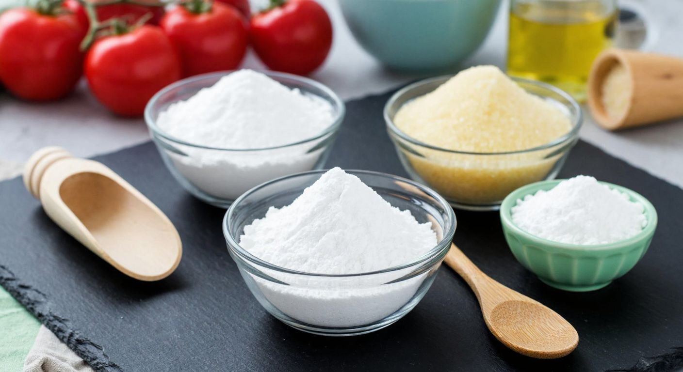 A Turkish kitchen counter displays small bowls of gelatin powder, pectin, guar gum, and tapioca starch, with a wooden spoon resting beside them, evoking a home-cooking atmosphere.