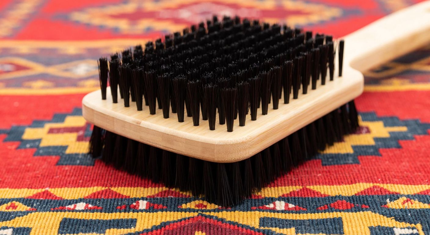 A close-up of a sturdy, high-quality plastic-bristled brush with dense, durable bristles, resting on a vibrant Turkish kilim with intricate geometric patterns.