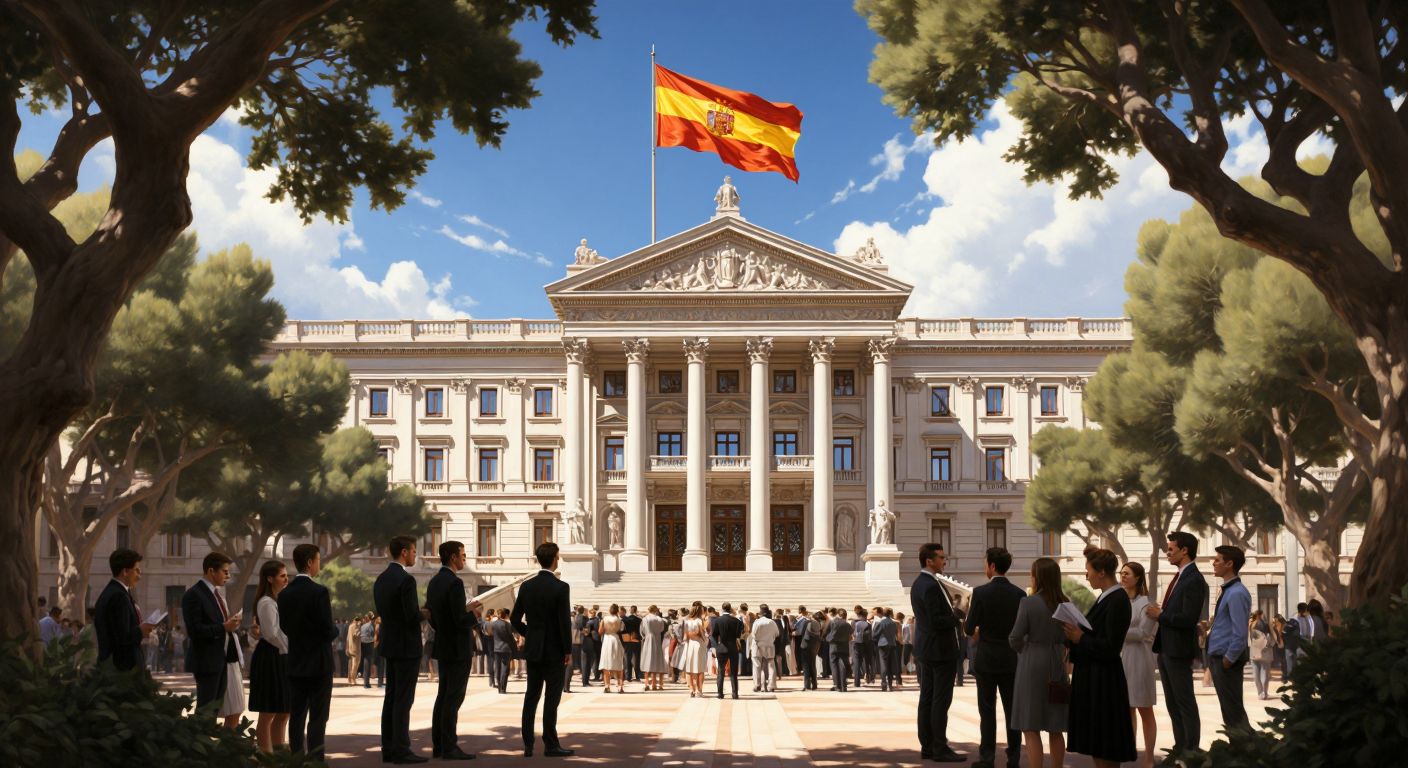 A grand neoclassical building with the Spanish flag flying overhead, surrounded by students in formal attire discussing economics under the shade of olive trees.