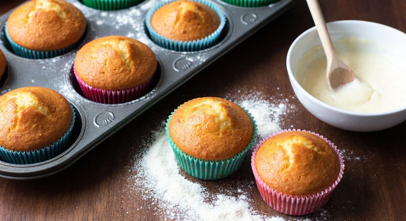 A warm Turkish kitchen with golden-brown muffins rising in a metal tray, some nestled in colorful paper liners while others sit directly on the greased surface, surrounded by scattered flour and a bowl of batter with a wooden spoon.