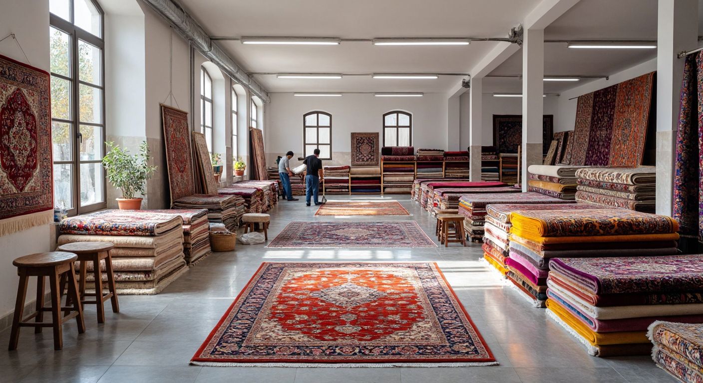 A spacious, well-lit Turkish carpet cleaning workshop with workers washing colorful carpets in one area, neatly stacked clean and dirty carpets in storage sections, and a small waiting area with traditional wooden stools.