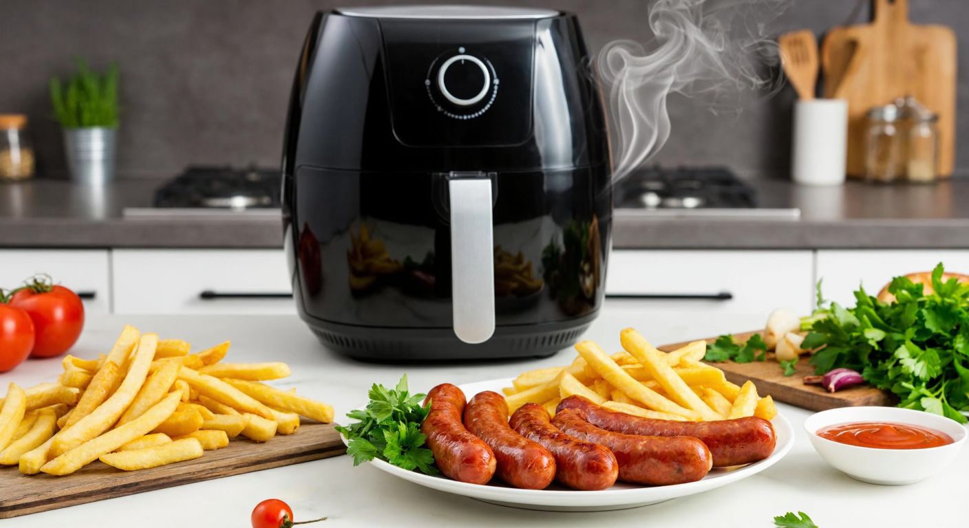 A modern kitchen in Turkey with an air fryer on the counter, golden crispy french fries and juicy sausages arranged on a white plate, steam rising from them, surrounded by fresh herbs and a small bowl of dipping sauce.