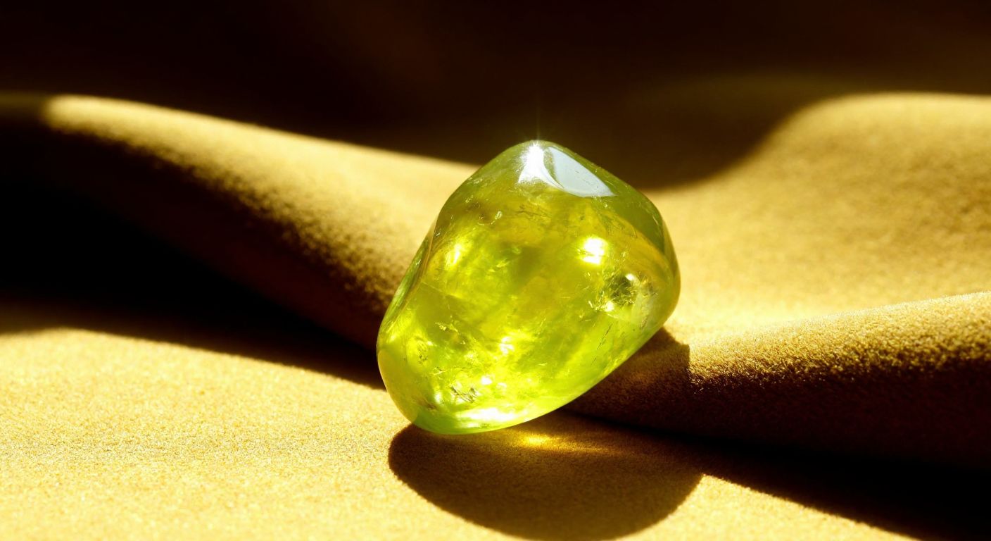 A radiant, translucent yellow-green gemstone (zebercet) resting on a velvet cloth, catching sunlight with a warm glow, evoking natural elegance and Turkish craftsmanship.