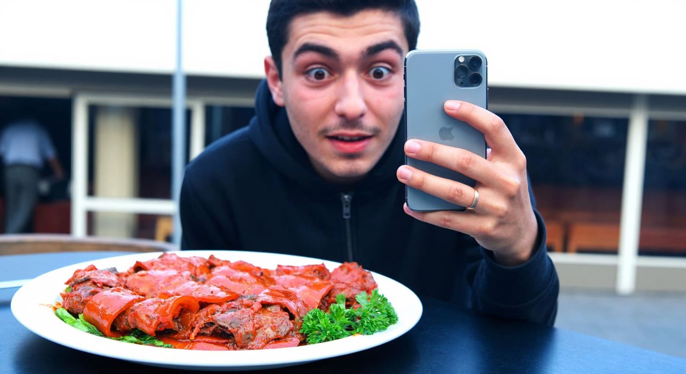 A person in Bursa, Turkey, holding a smartphone with a curious expression, standing near a plate of İskender kebab.