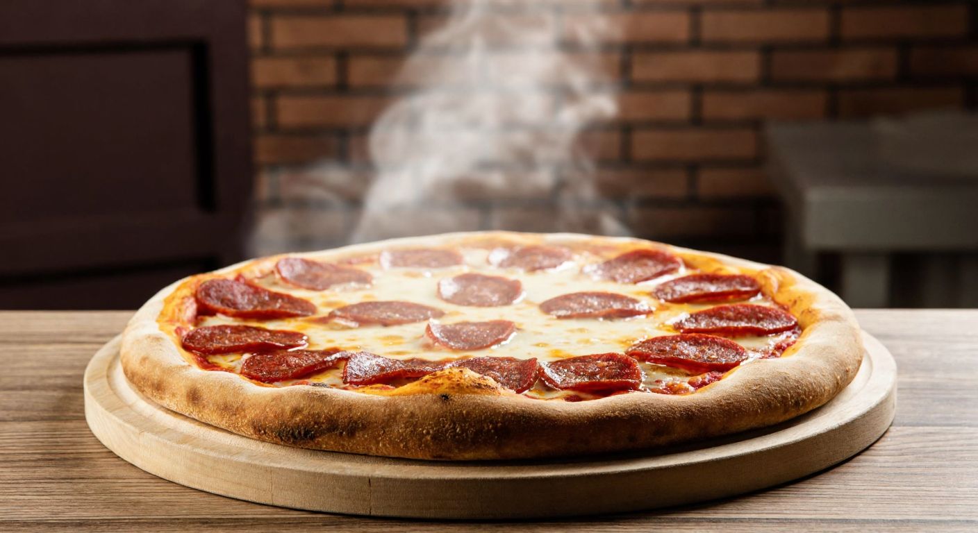 A steaming hot pizza with a golden crust, topped with melted cheese and slices of spicy Turkish sucuk, resting on a wooden table in a cozy pizzeria.
