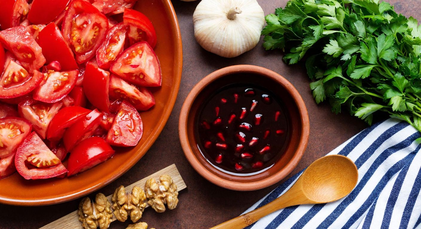 A rustic Turkish kitchen countertop with vibrant red roasted peppers, chopped tomatoes, walnuts, and a drizzle of pomegranate molasses in a clay bowl, next to fresh parsley and a wooden spoon.