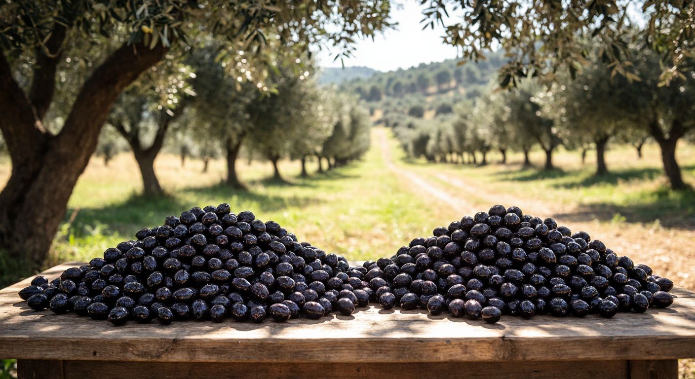 A rustic wooden table in a Turkish olive grove displays two piles of fresh black olives—one with large plump olives (No. 1) and another with smaller ones (No. 3)—bathed in golden sunlight.