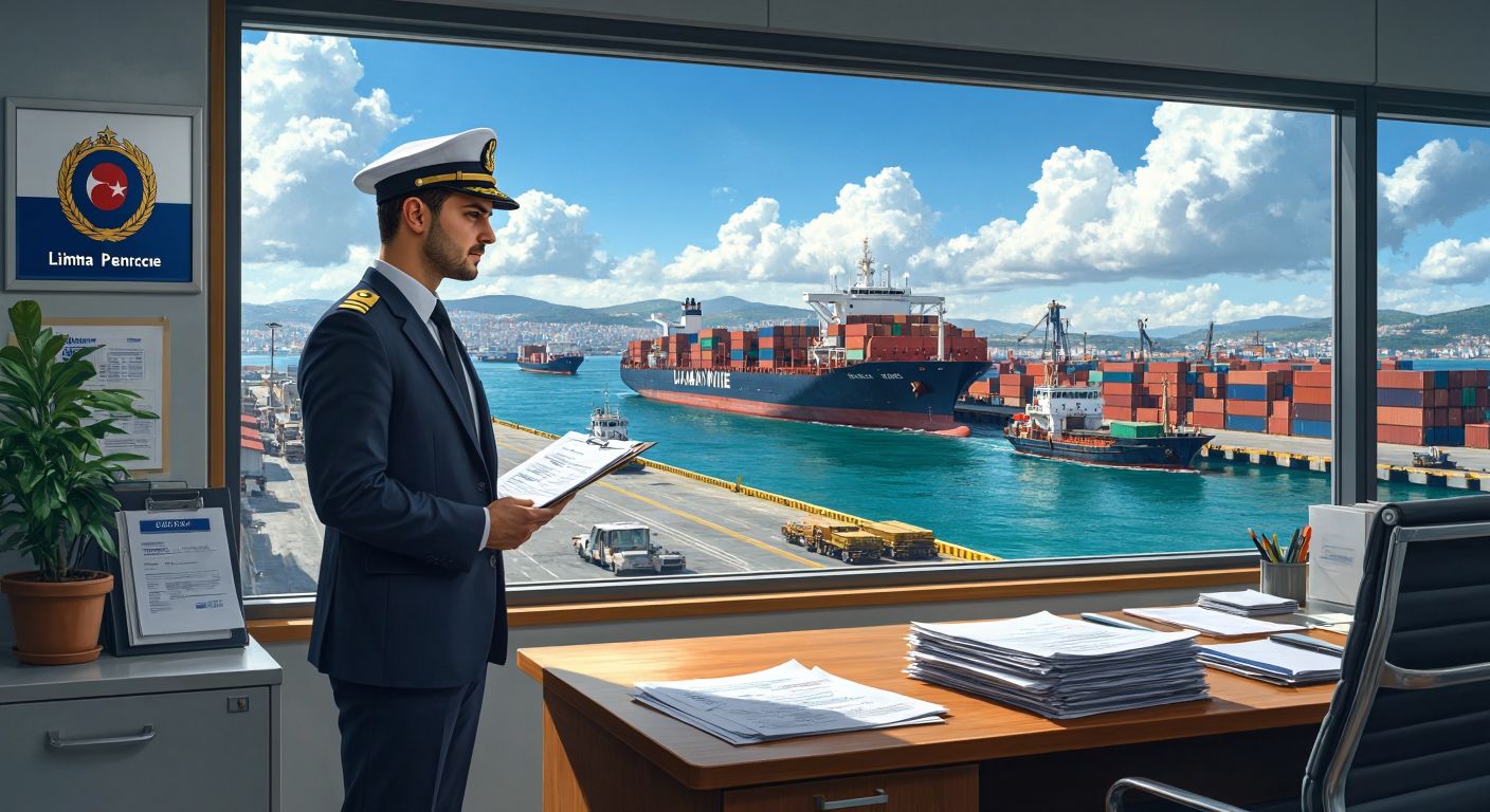 A bustling Turkish port with cargo ships in the background, a modern office window labeled "Liman Tek Pencere" where a suited insurance agent and a shipping clerk with documents stand, while a sailor in uniform approaches from the docks.  

**Revised Image Description (following guidelines):**  

A busy Turkish port with cargo ships in the distance, a bright office window where a professional in a suit reviews papers, a sailor in uniform waits nearby, and stacks of documents sit on a wooden desk.