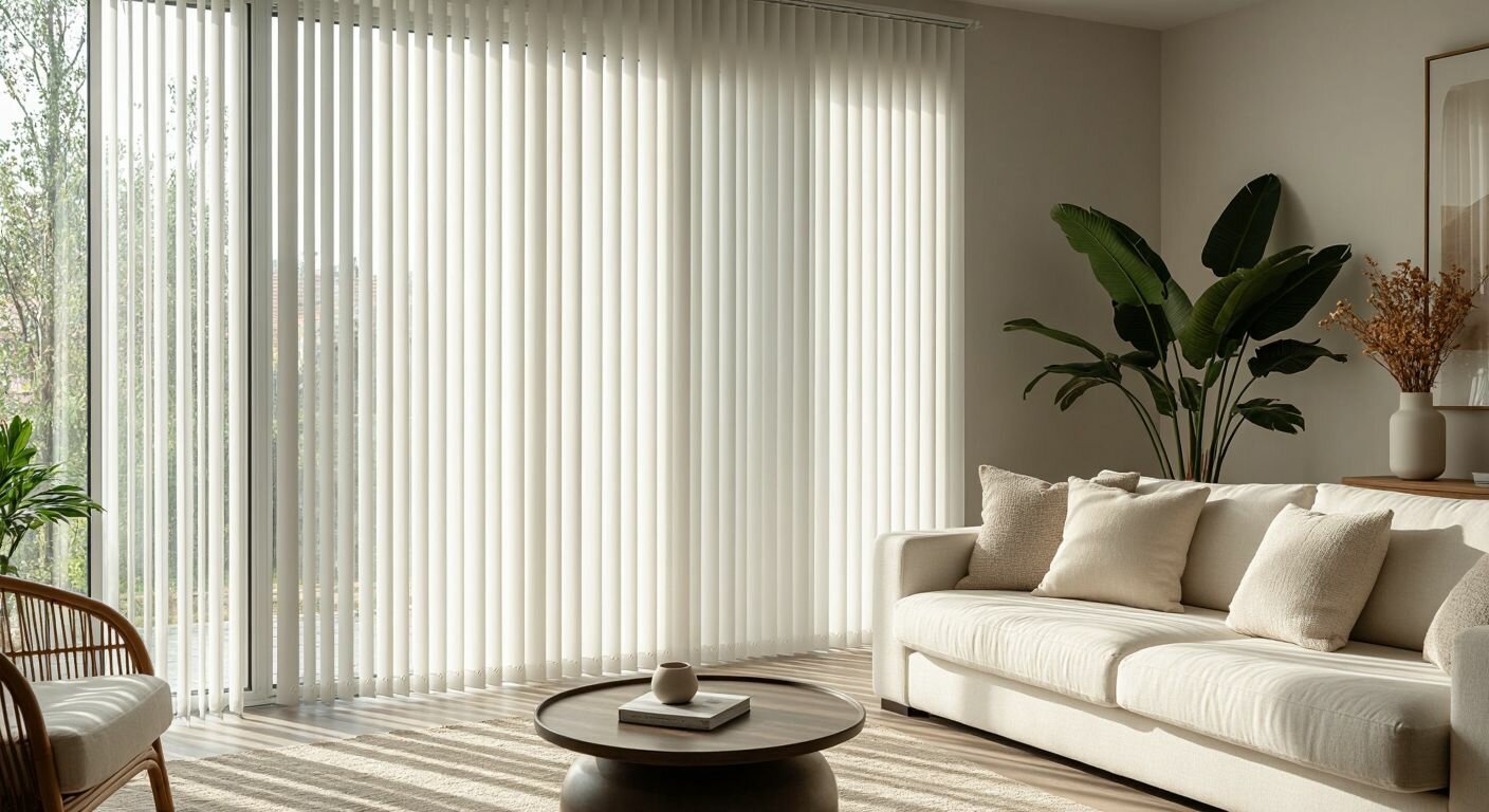 A bright Turkish living room with tall PVC vertical blinds in soft white, neatly parted to let in sunlight, showcasing their smooth texture and durability while a content homeowner adjusts them effortlessly.
