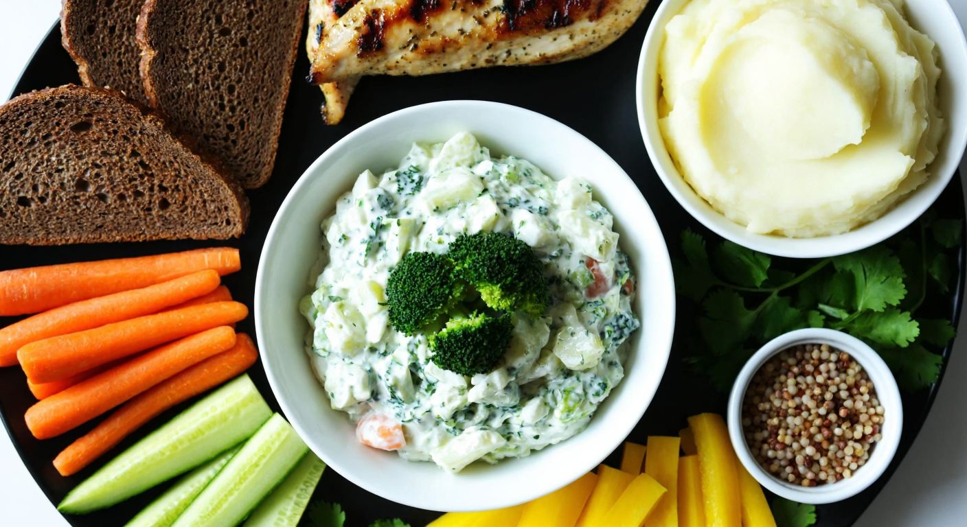 A vibrant Turkish dining table set with a bowl of creamy yogurt-broccoli salad, surrounded by grilled chicken, a scoop of mashed potatoes, slices of dark rye bread, fresh carrot and cucumber sticks, and a small dish of quinoa, evoking a wholesome and balanced meal.