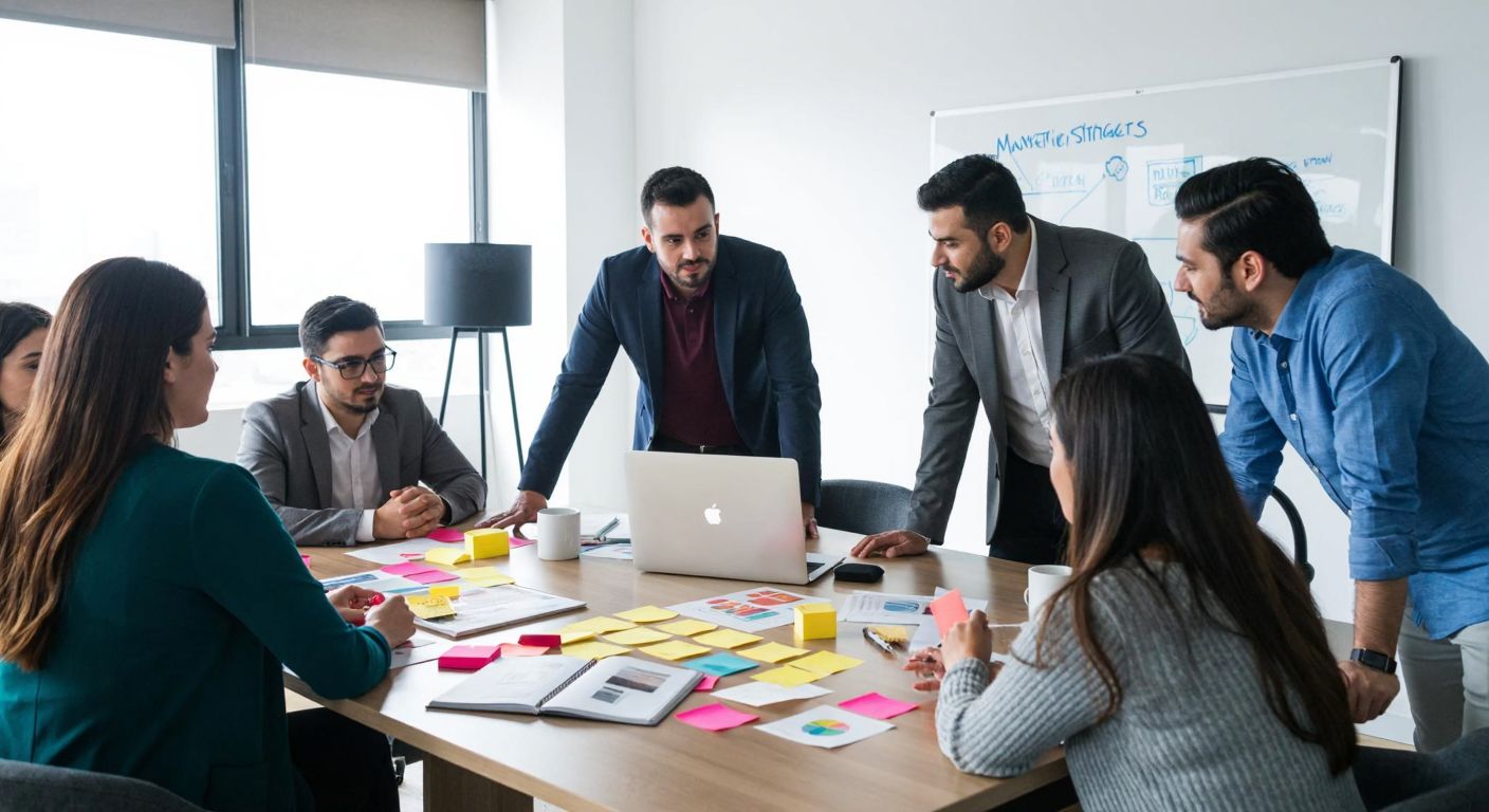 A diverse group of Turkish professionals in a bright office, enthusiastically brainstorming around a table covered with colorful sticky notes, product samples, and a laptop, while a whiteboard in the background displays sketched marketing strategies.