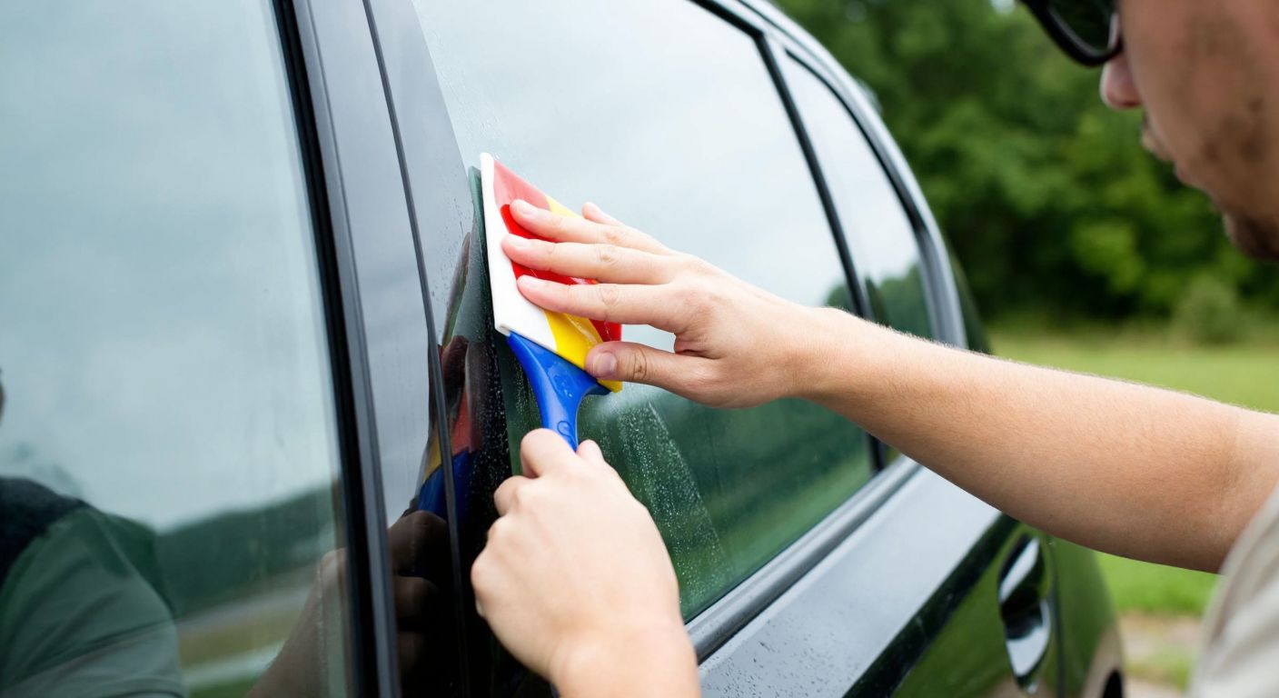 A person carefully smoothing a colorful sticker onto a clean car window with a squeegee, their hands focused and precise against the glass.
