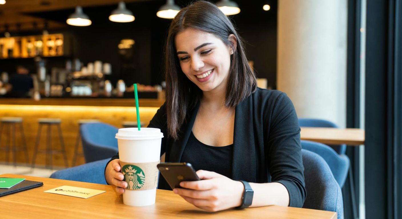 A young Turkish woman in a modern café smiles while holding a Starbucks cup and tapping her phone with a GetirFinans card on the table.