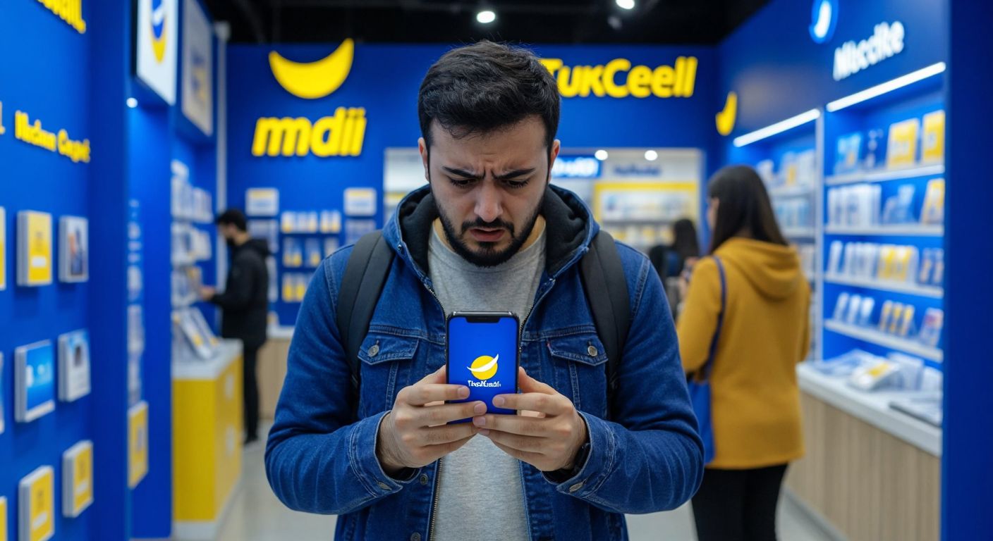A frustrated person in Turkey holds a smartphone with the Turkcell logo, looking at a customer service representative in a bright blue Turkcell store, surrounded by posters of mobile plans.
