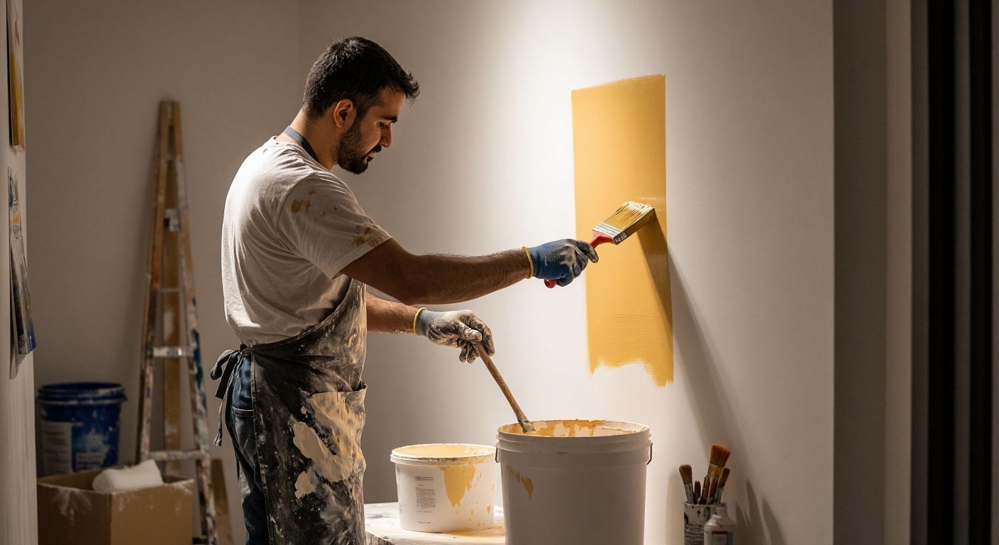 A Turkish worker in a paint-splattered apron carefully rolls silky silicone-based paint onto a freshly prepared white wall, with a bucket of diluted paint and tools nearby under warm indoor lighting.