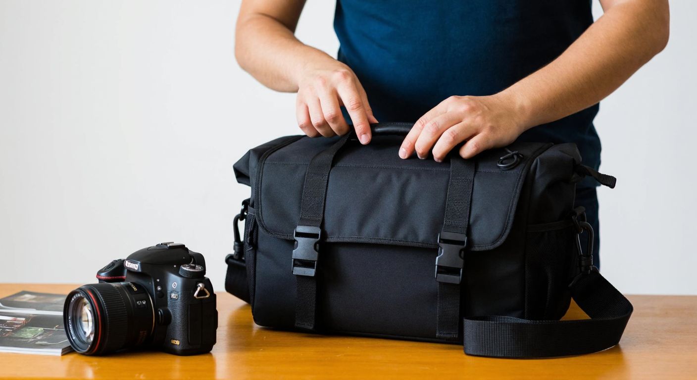 A person in Turkey carefully examining a sturdy, water-resistant camera bag with adjustable straps and multiple compartments while holding a DSLR camera nearby.