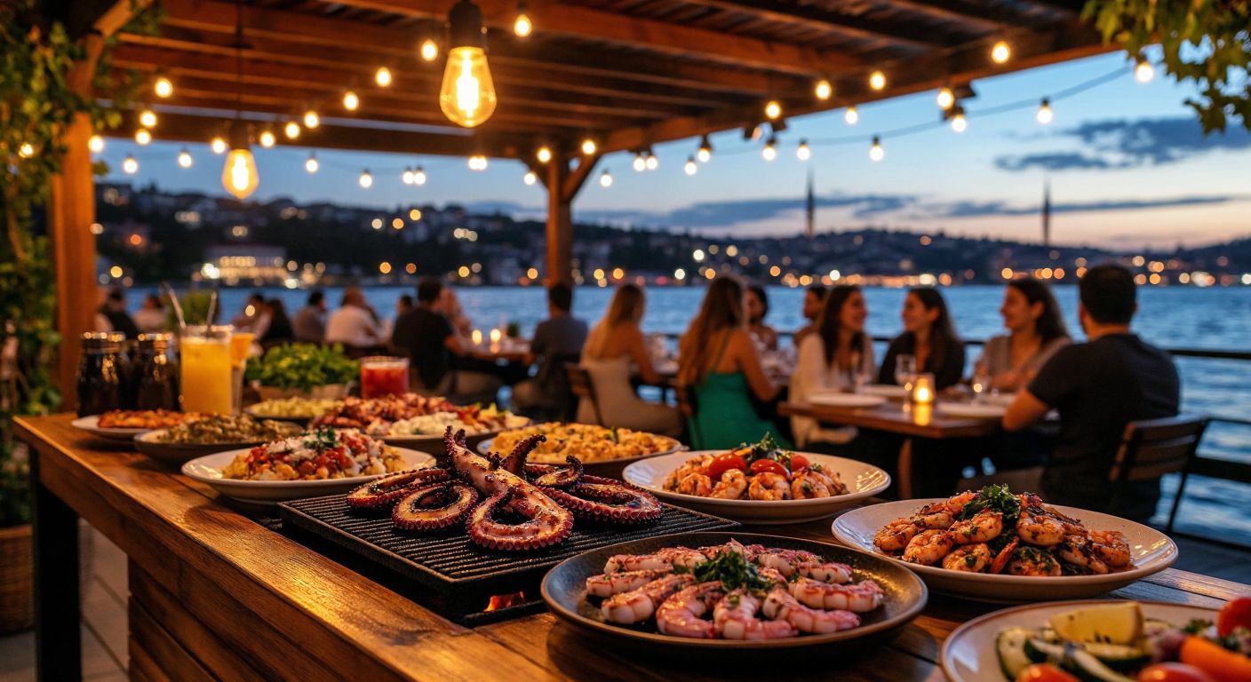 A vibrant outdoor restaurant by the Bosphorus with a crackling fire grill, plates of grilled octopus and shrimp, colorful meze spreads, and happy diners enjoying the waterfront view under string lights.