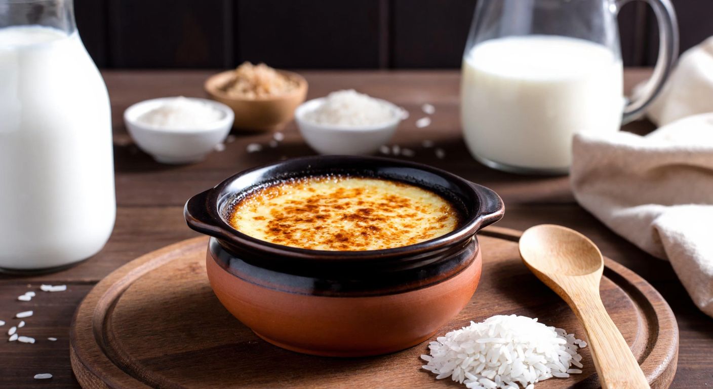 A warm, golden-brown sütlaç in a traditional Turkish ceramic bowl, resting on a wooden table with scattered ingredients like rice, a jug of milk, and a wooden spoon nearby, evoking a cozy kitchen scene.