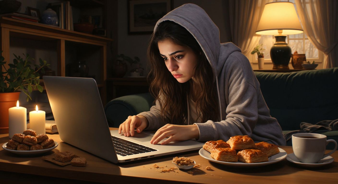 A frustrated young Turkish woman in a cozy home setting stares at her laptop screen with a half-eaten plate of baklava beside her, her fingers hovering over the keyboard as she contemplates canceling an online order.