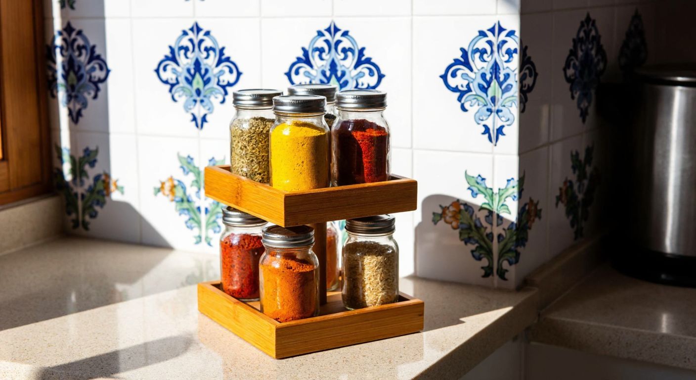 A wooden three-tiered spice stand holding glass jars filled with vibrant red, yellow, and brown spices, placed on a sunlit kitchen counter in a Turkish home with hand-painted ceramic tiles in the background.