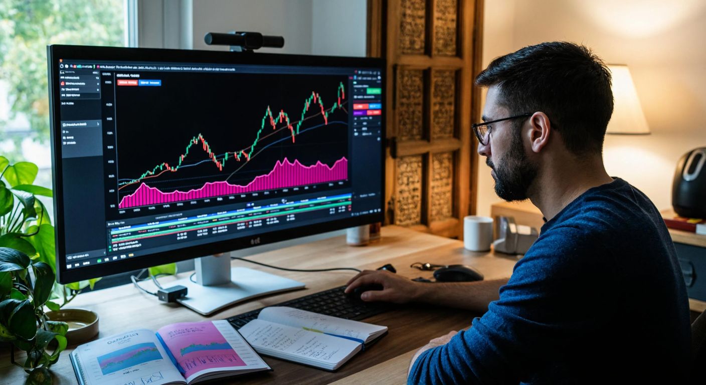 A focused trader in a modern home office analyzes colorful financial charts on a large monitor, surrounded by notebooks filled with handwritten trading strategies.
