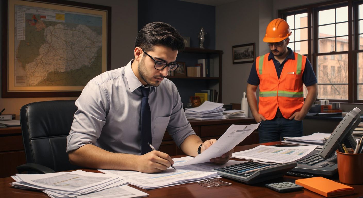 A focused Turkish accountant in a formal office setting, wearing glasses and a button-up shirt, carefully reviewing a spreadsheet with a calculator nearby, while a construction worker in a hard hat waits patiently nearby, symbolizing the calculation of labor cost differences in public contracts.