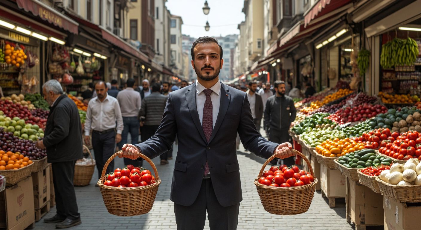 A Turkish economist in a formal suit stands in a bustling Istanbul bazaar, holding two identical baskets—one overflowing with fresh produce (representing nominal value) and the other half-empty due to rising prices (representing real value), with vendors and shoppers expressing concern in the background.