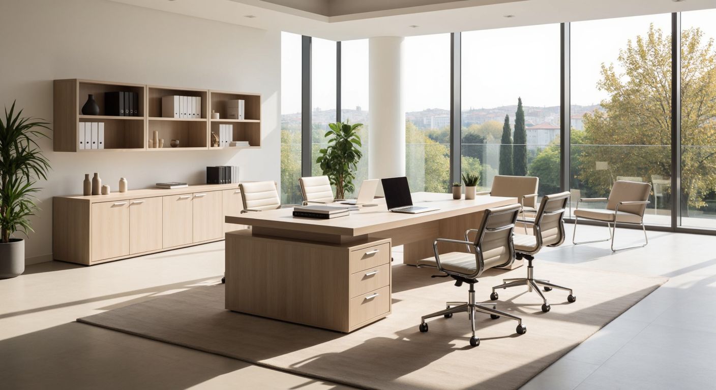 A sleek, minimalist office furniture set in a bright, airy Turkish workspace, featuring clean-lined chairs, a glass-topped desk, and light wood storage units, evoking a sense of modern efficiency and calm.