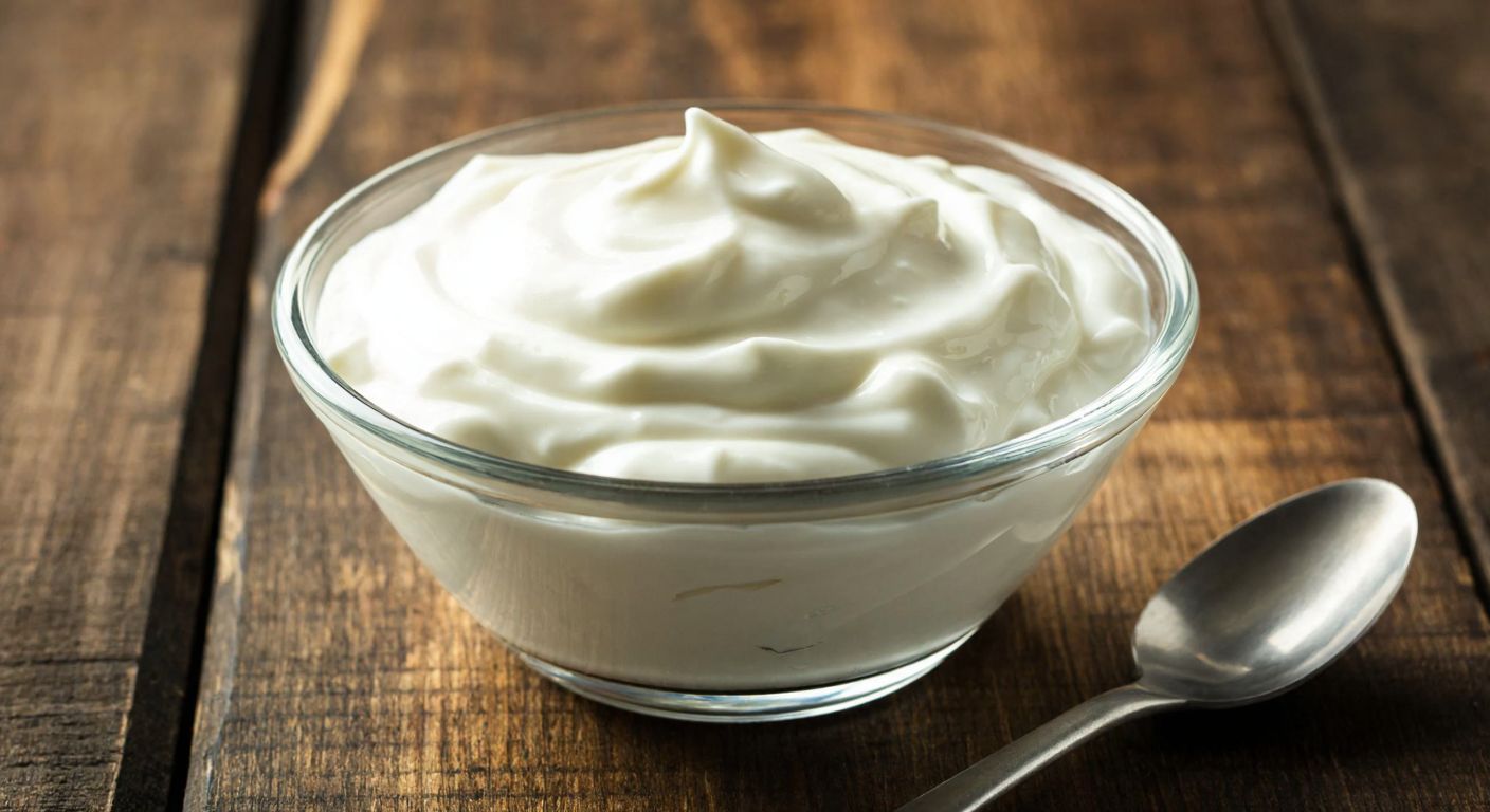 A glass bowl filled with thick, creamy white yogurt, glistening slightly under warm light, placed on a rustic wooden table with a spoon beside it, evoking freshness and traditional Turkish dairy.