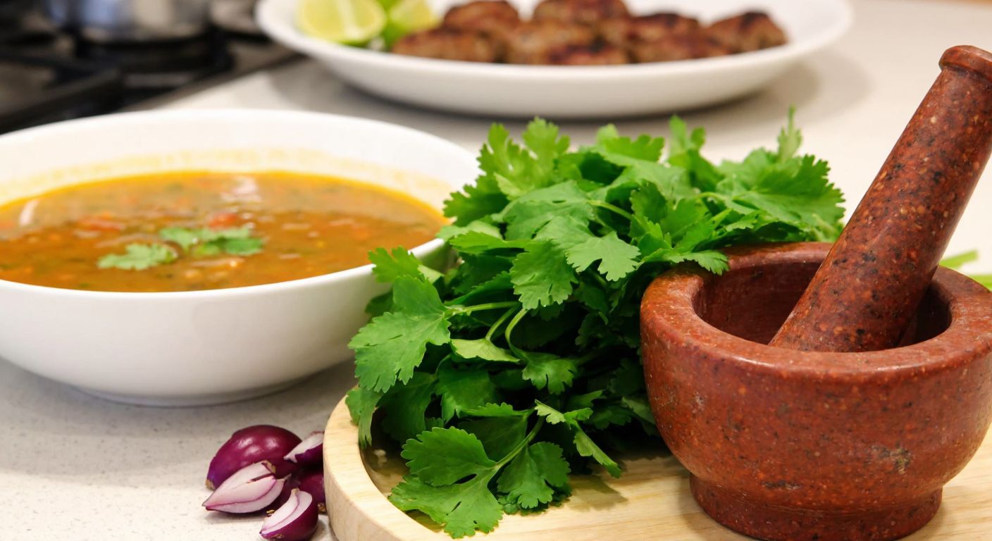 A vibrant Turkish kitchen counter displays fresh coriander leaves next to a mortar and pestle, with a steaming bowl of lentil soup and a plate of kebabs in the background, evoking warmth and health.